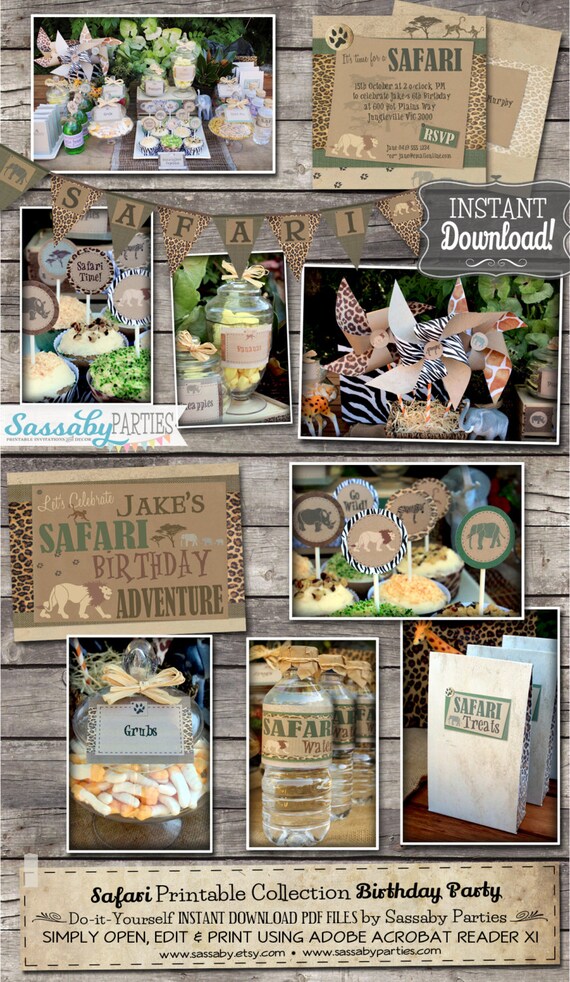 Safari Party Collection - INSTANT DOWNLOAD - Editable & Printable African Jungle Safari Birthday Decorations by Sassaby Parties Il_570xn