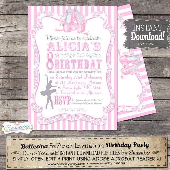 Ballerina Invitation - INSTANT DOWNLOAD - Girls Birthday Party Invitation by Sassaby Il_570xn