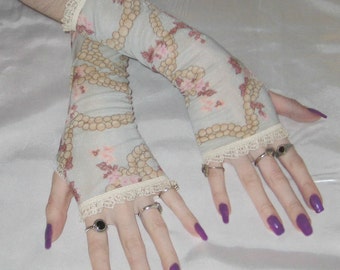 Light blue Arm Warmers - Girl with a Pearl - Gothic sleeves fingerless gloves Lolita goth mesh arm warmer glove hand fasting emo feminine