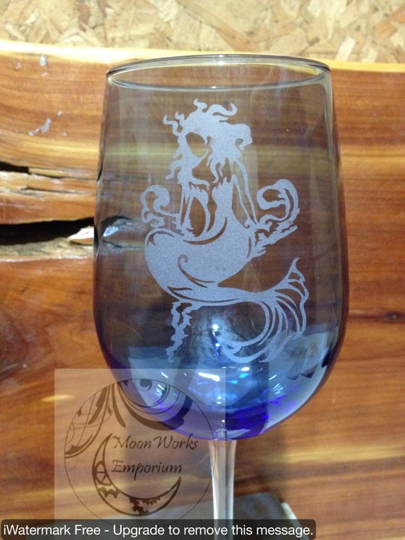 Mermaid Etched Wine Glass Cobalt Blue Mermaid Wine Glass