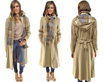 70s Hooded Princess Coat, Herringbone Wool Coat, Scarf, Hoodie, Midi Coat, Boho, Bohemian, Plaid Coat Δ size: xs / sm