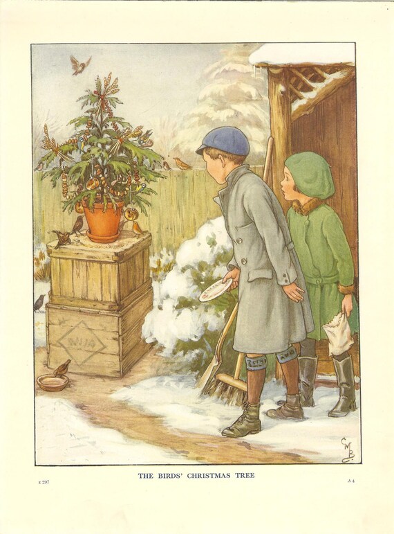 1938 Vintage Children's Print Cicely Mary Barker Winter Two Children Feeding Birds Perched On Christmas Tree Outside Illustration Book Plate