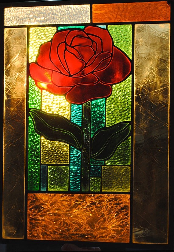 Rose Stained Glass Window Panel Extra Large Red Amber