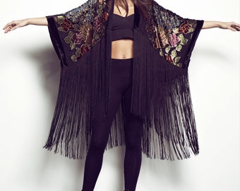 Velvet Fringe Kimono - Classic Peacock