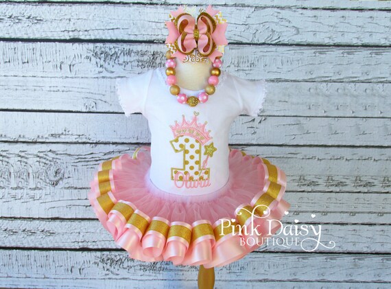 Girls Light Pink and Gold Royal Princess Appliqué Shirt and Ribbon Trim Tutu Birthday Set w/Matching Stacked Boutique Bow & Chunky Necklace Il_570xn