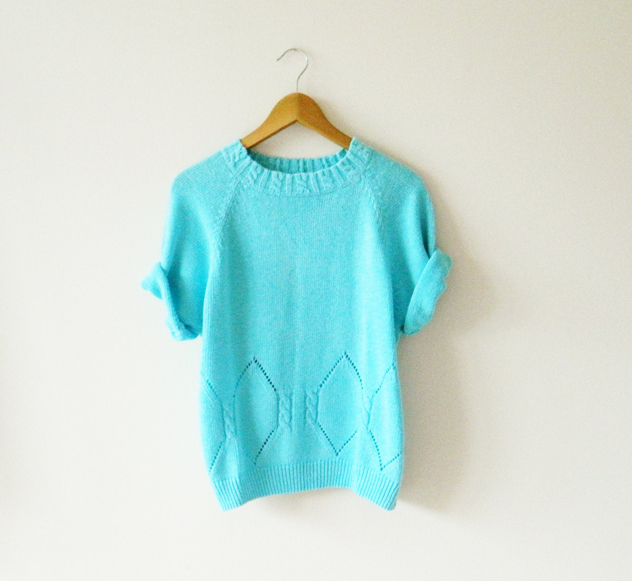 Aqua Vintage Knit Slouchy Sweater / Geometric Diamond Vintage
