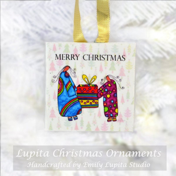 Christmas Ornament: Merry Christmas [Design #2] Handmade - Holiday Gift Christmas Present Christmas Tree Decoration Girl Angels Watercolor