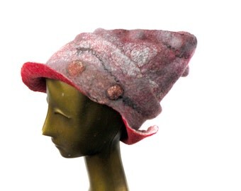 Womans Felt Hat with Brim - Funky Mod Newsboy's Cap - 1960s Fantasy Burning Man Hat Wearable Art - Pink Purple Red Wet Felted