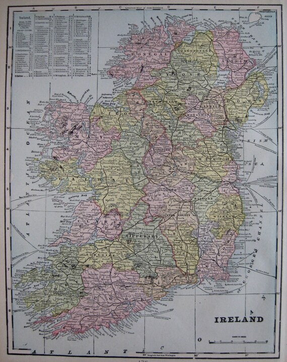 1900 Antique IRELAND Map Vintage 1900s Collectible Map of