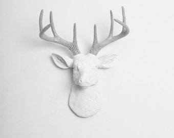 Faux Deer Mount - The MINI Helena - White w/Gray Antlers Resin Deer Head- Stag Resin White Faux Taxidermy- Chic & Trendy
