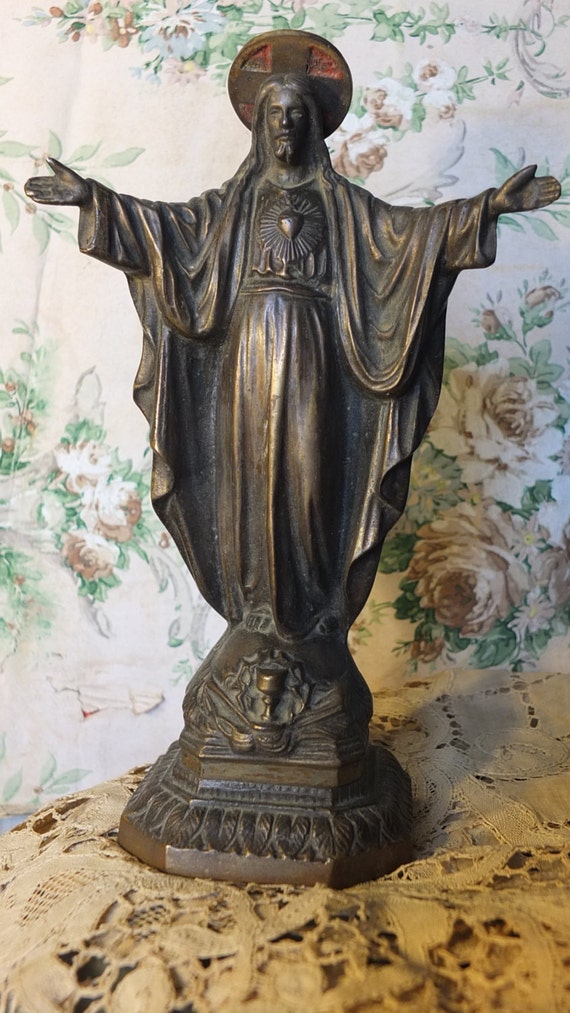 Antique French Religious item bronze statue shabby chic zamac
