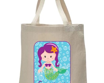 Natural Canvas Tote Ba g Mermaid Beach Bags Nautical Gift Little Girl ...