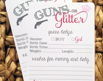 12 GUNS OR GLITTER Gender reveal baby shower wish cards