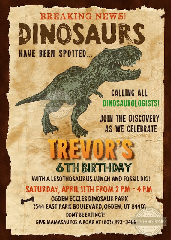 Dinosaur Dino Jurassic Fossil Hunter Birthday Party Vintage Invitation  - ANY AGE