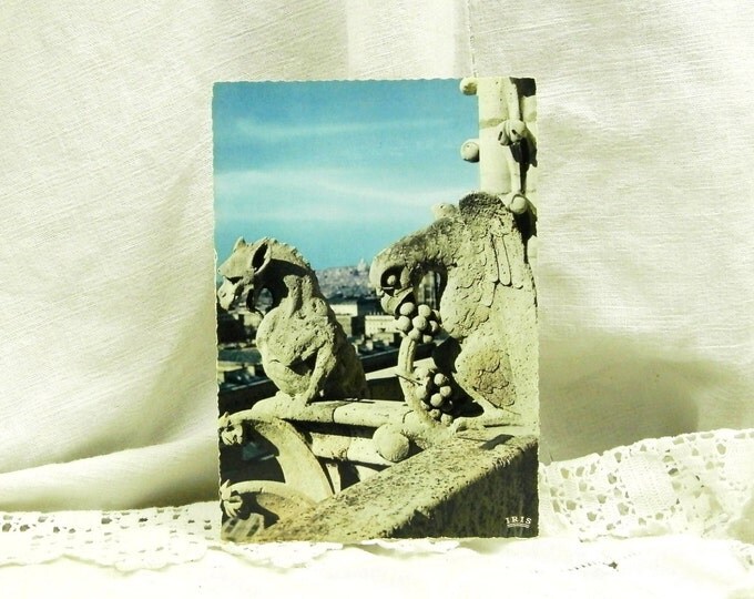Vintage French Unused Colored Postcard Gargoyles of the Cathedral Notre Dame de Paris, Stone Monster Picture from France, Medieval Dragon
