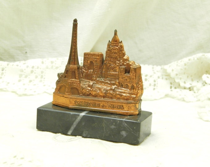 Small Vintage Souvenir Statuette of the Monuments of Paris with Eiffel Tower Arch de Triomphe, Monmartre and Notre Dame / French Decor
