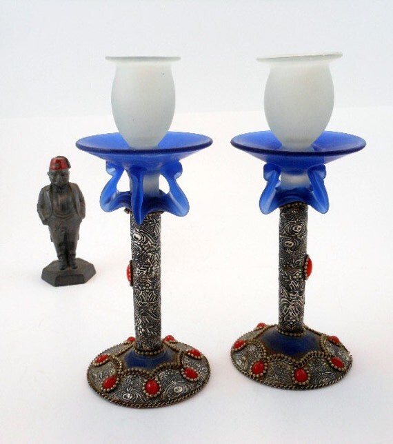Frosted Glass Candlesticks Handblown Blue and by BestChoices