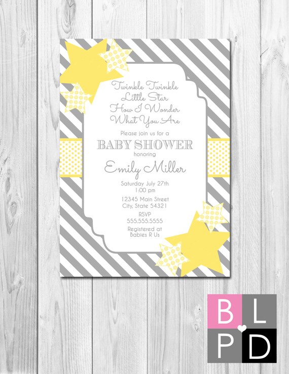 Twinkle, Twinkle Little Star Baby Shower Invitation - Grey and Yellow - Gender Neutral - DIY - Printable Il_570xn
