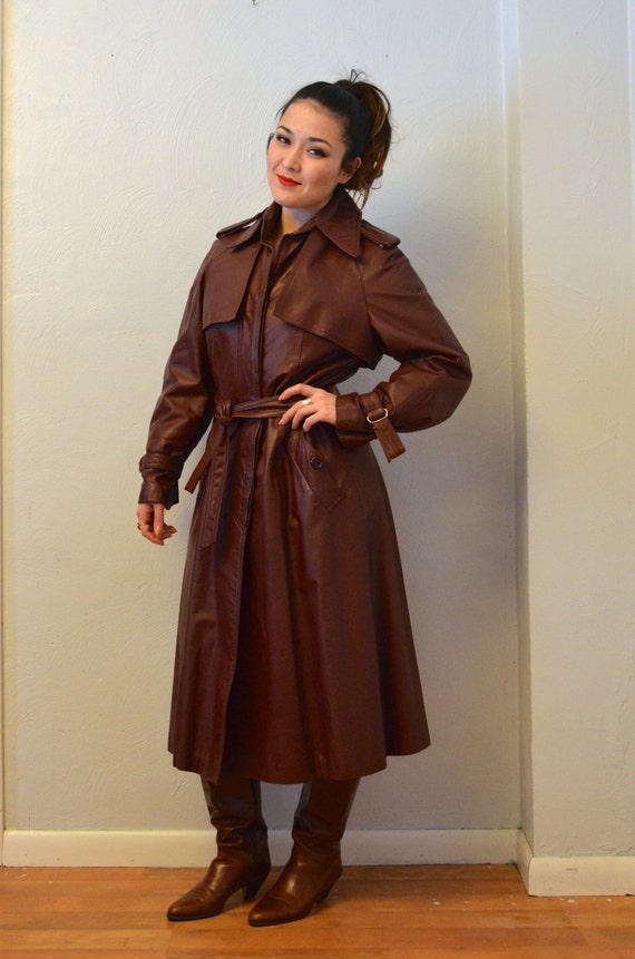 Vintage 70s Genuine Leather Mahogany Brown Trench Coat Size