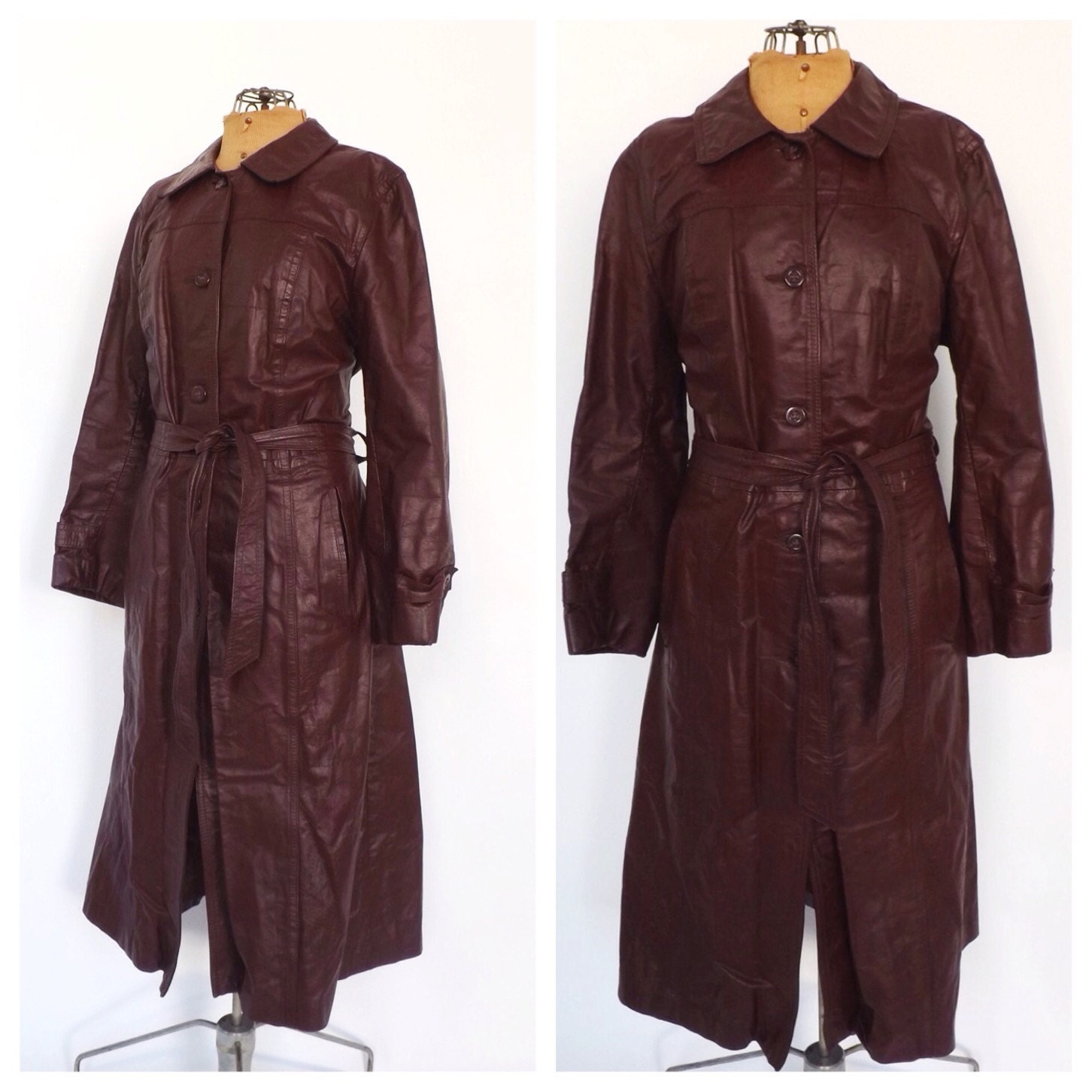 Iconic Vintage 1970s 60s Chestnut Brown Leather TRENCH COAT