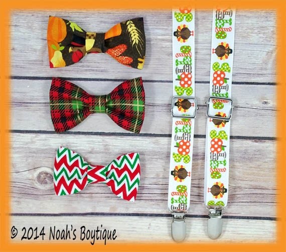 Fall Turkey Bow Tie - Christmas Plaid Bow Tie - Red Green Chevron Bow Tie - Gobble Turkey Suspenders by NoahsBoytiques