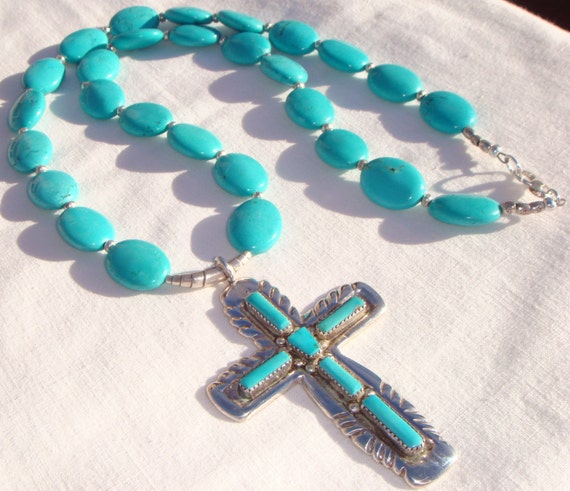 Long Turquoise Necklace Sterling Silver Turquoise Cross