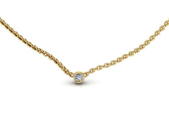 Tiny 14K Yellow Gold Small Diamond Solitare Necklace Diamond Pendant