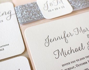 The Willow Suite - Modern Letterpress Wedding Invitation Sample, Black, Grey, Blush, Pink, Silver, Glitter, Calligraphy, Simple, Classic
