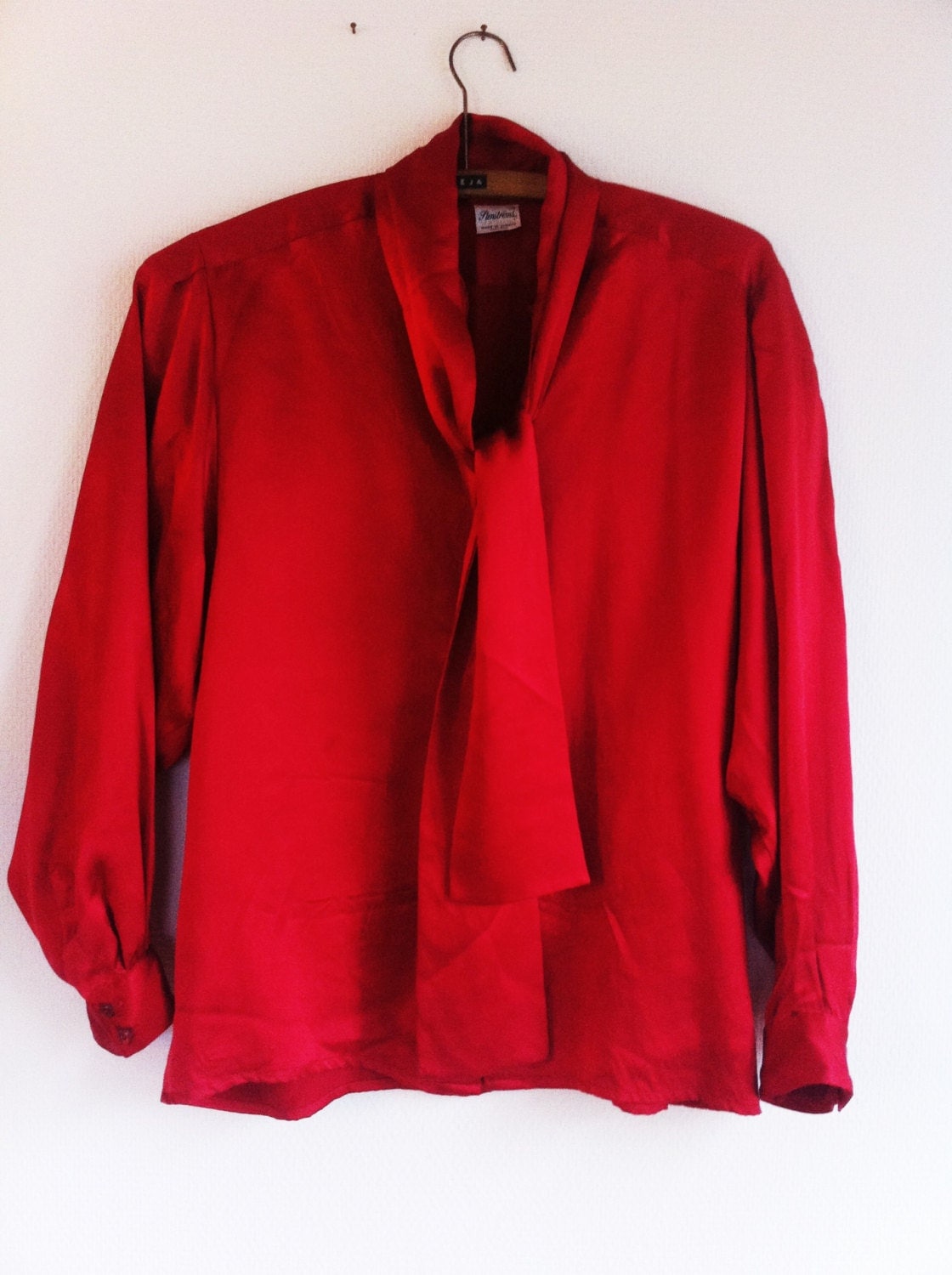 Red pure silk blouse with tie / bow size by HandsOfLightVintage