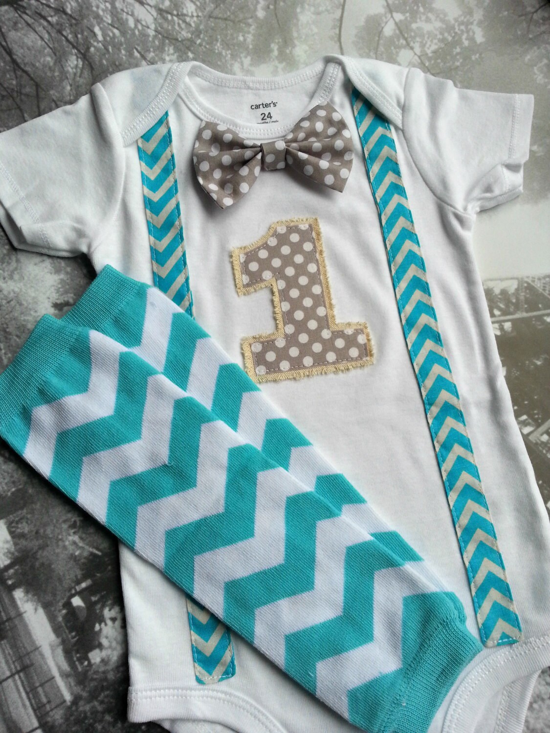 One Birthday Baby Boy Bodysuit With Teal Chevron Suspenders