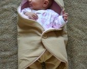 Baby swaddle blanket, Hood, Sleeping bag, Sleep sack, Newborn, Infant, Winter, Fleece, Cotton, Handmade, Bodysuit, Nid d'ange, Pink, Beige