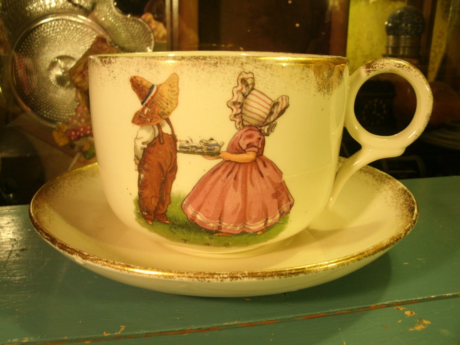 Extra Large Teacup And Saucer Set Vintage T42 Transferware Girl Boy With Hats And Tea Set Gold