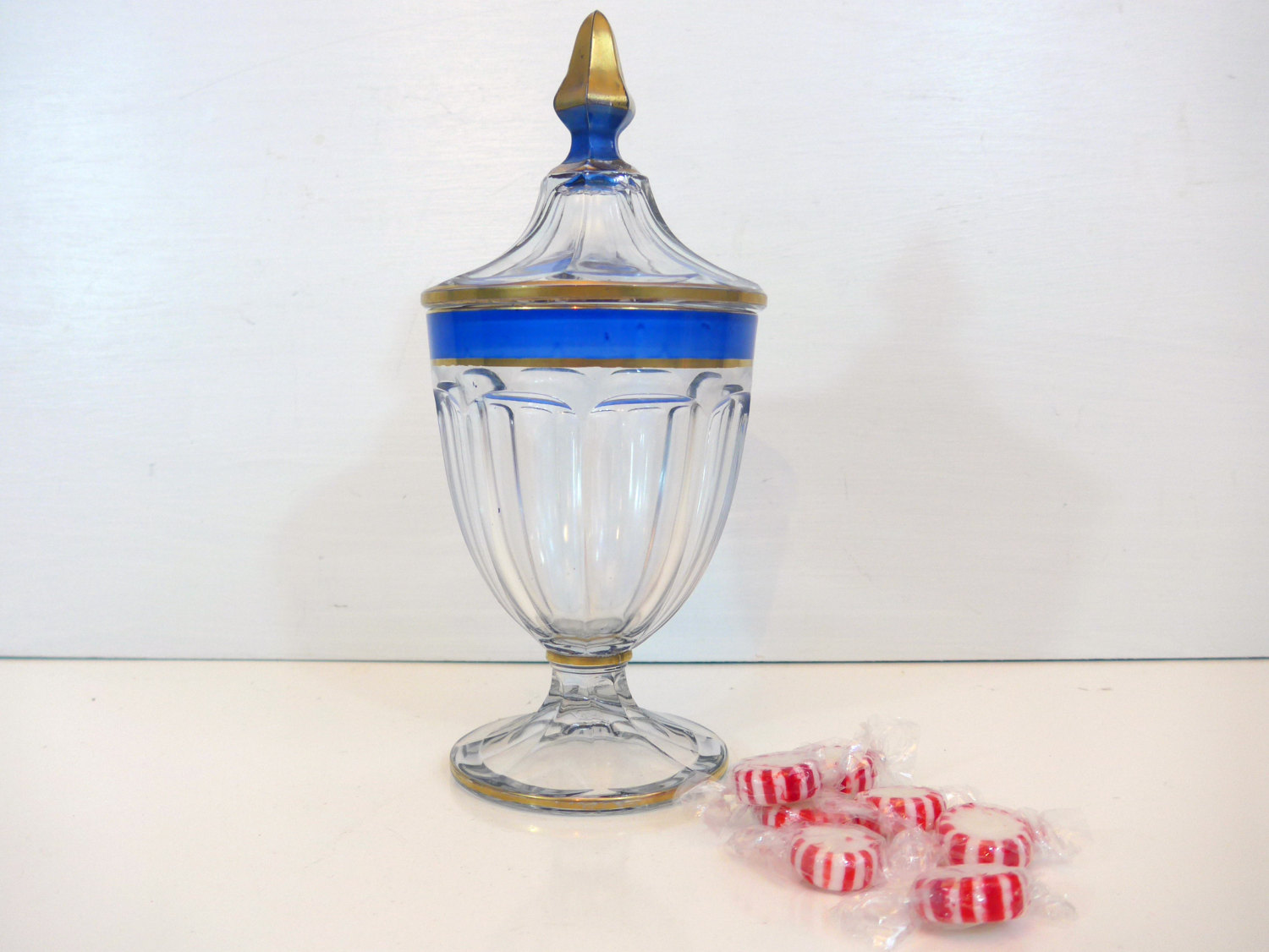 Heisey Candy Jar w/ Blue Gold Trim Candy Jar with Lid Heisey Gold