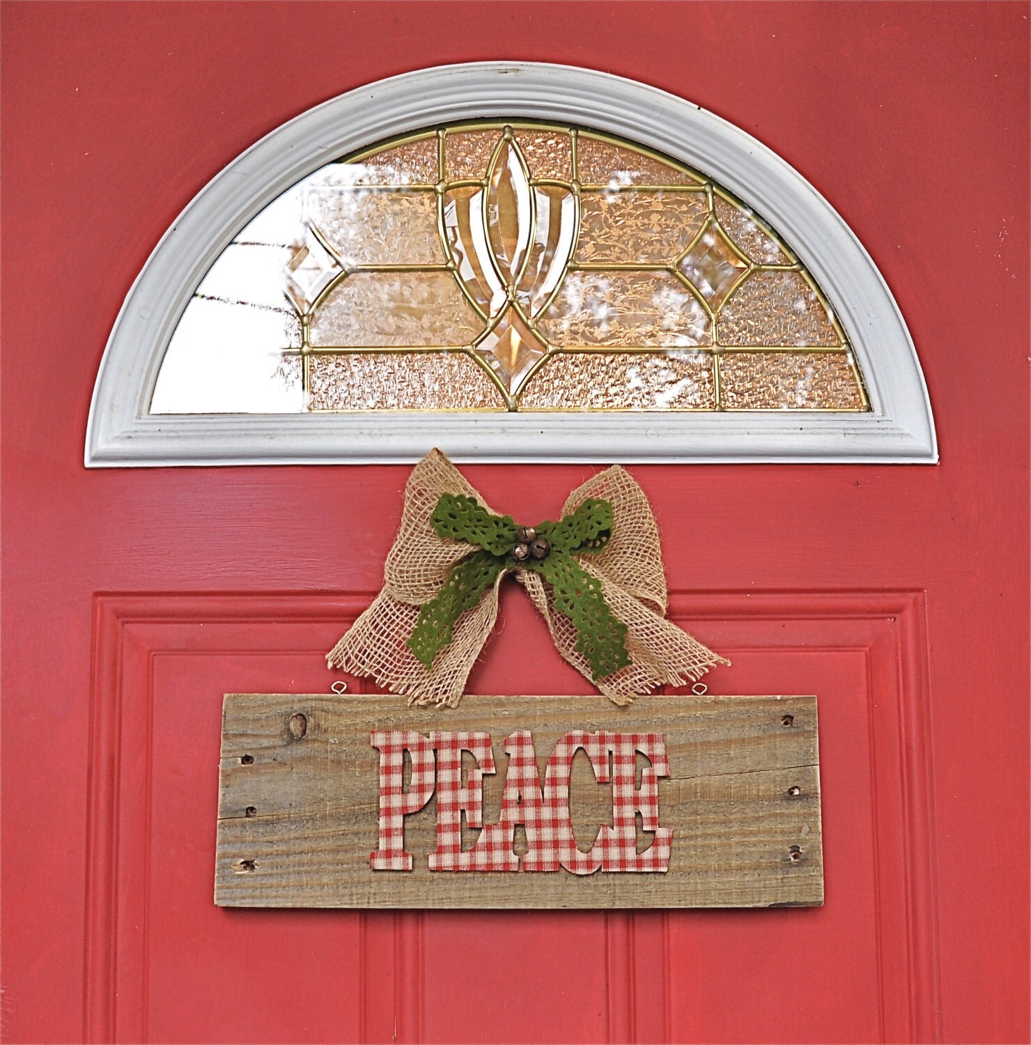 Reclaimed Wood "Peace" Sign with Burlap Bow and Vintage Jingle Bells, Holiday Decor Door Hanger, Christmas Decor