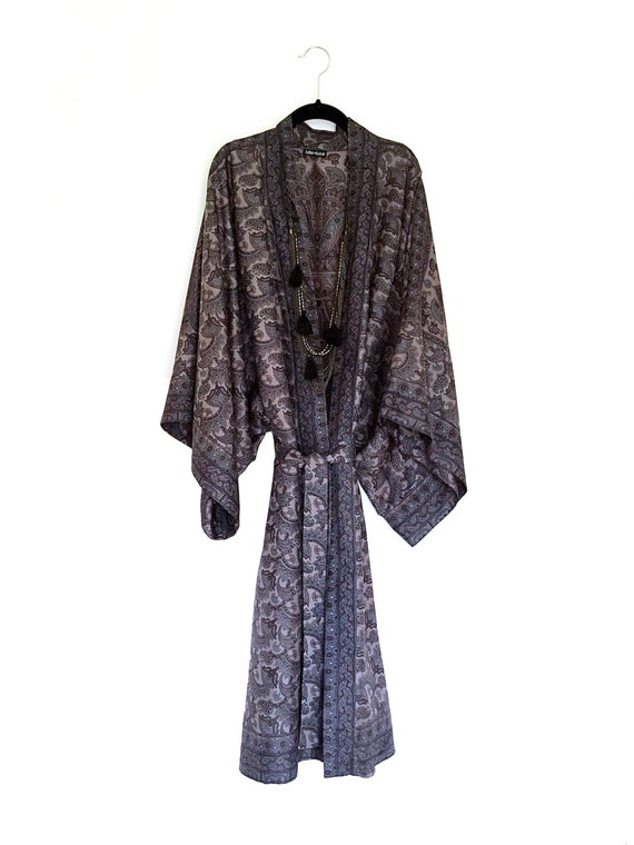 Pure Silk long Kimono jacket / beach cover up grey blue