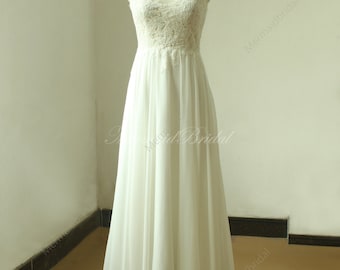 Stunning Backless ivory a line chiffon lace wedding dress with illusion neckline