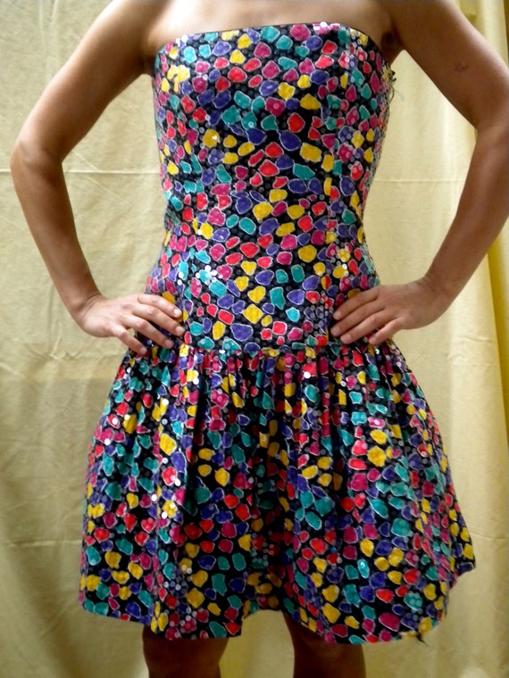 Vintage PROM dress in kaleidoscope colours, never worn, 1986.