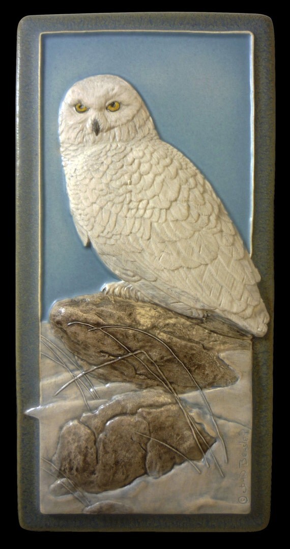 Ceramic tile, Tile, "Snowy Owl", ceramic, wall art, wall tile, animal art
