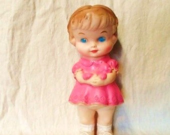 The Edward Mobley Co. 1958 Rubber Squeak Doll- Squeaky Toy- Doll in Pink Dress with Bows Hair- Well Marked- Still Squeaks!-Cute Vintage Doll
