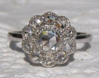 Rose Cut Diamond Engagement Ring, White Gold Daisy Engagement Ring with Milgrain Bezels