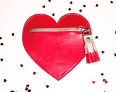 Valentine's Heart Leather Purse // Red Zipper Bag // Card Coin Pouch // Metallic Tassel // Love Valentine Day's Gift
