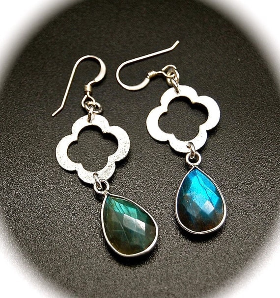 Labradorite and Silver Clover Earrings