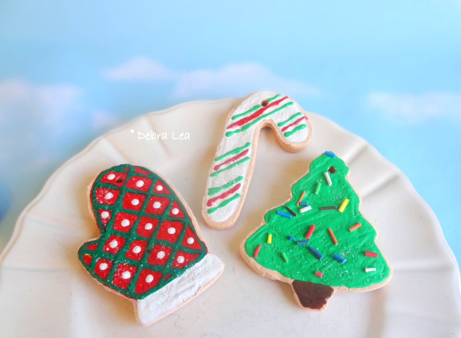Fake Cookies Set of 3 Handmade Faux Christmas Holiday Gingerbread Sugar Cookie Ornament Mitten Candy Cane Peppermint Tree Sprinkles C10