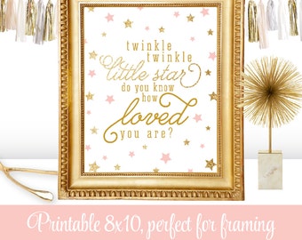 Twinkle Twinkle Little Star Baby Shower Decorations, Blush Pink Gold Glitter Printable Baby Girl Nursery Wall Art, Star Birthday Decor Sign