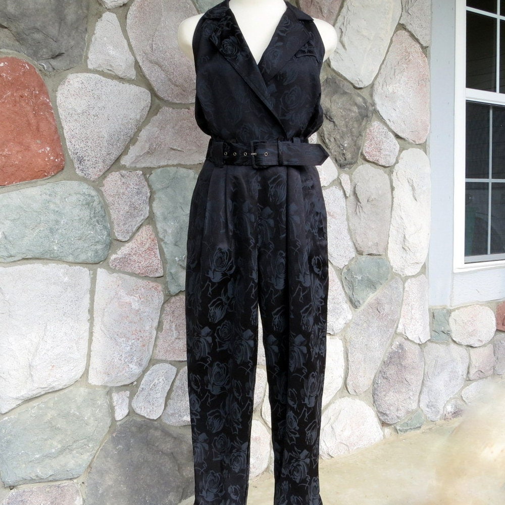 Rose Pattern Jumpsuit | vintage jumpsuit black jacquard rose pattern size petite 8 Rose Pattern Jumpsuit | vintage jumpsuit black jacquard rose pattern size petite 8