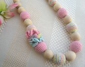 Eco Nursing necklace/Teething Necklace/Wooden knitted with crochet pink necklace/Breastfeeding Necklace
