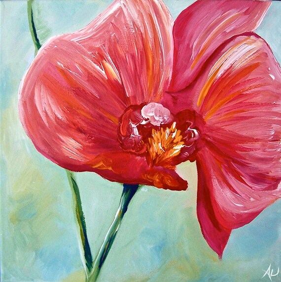 Spring Flower Buds Painting Print Set Red Pink and Green