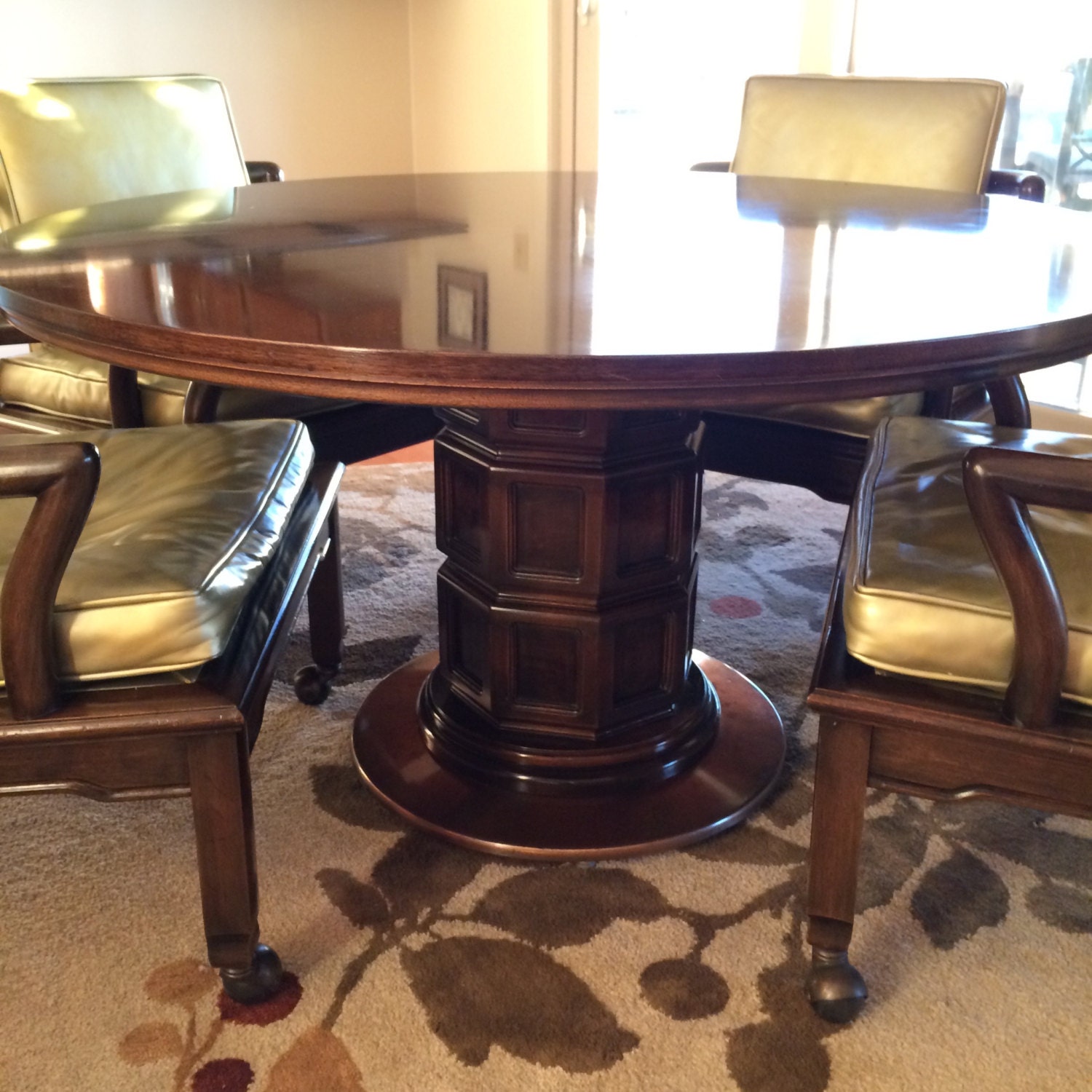 Copper Pedestal Table and 4 Leather Club Chairs