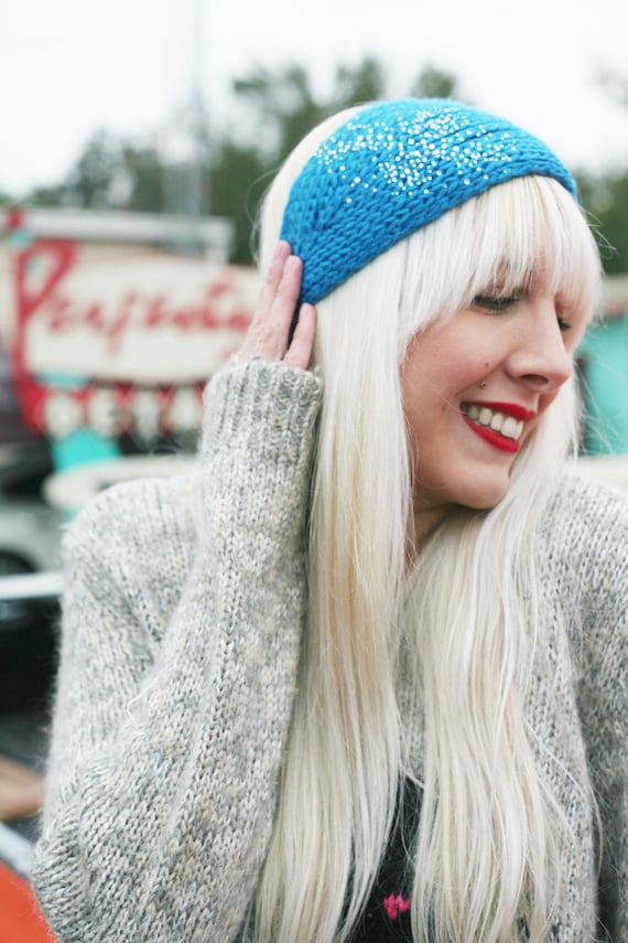 Items similar to Blue Winter Head Band Diamond Bejeweled (Fall Knitted Crochet Ear Warmer Hair 