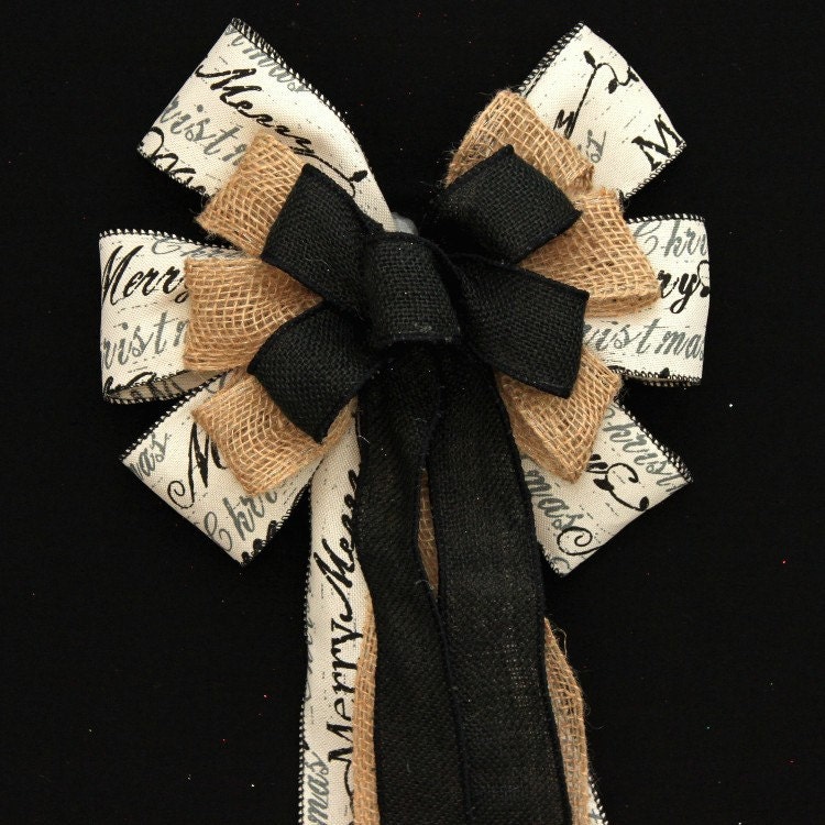Rustic Burlap Christmas Script Black Ivory Bows Holiday Mantel Wreath Garland Bow Decorations